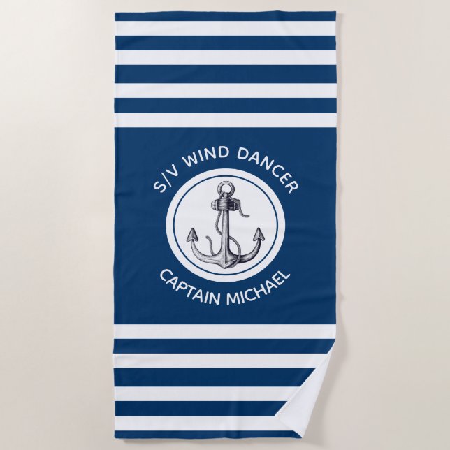 Name des Schiffes Blue White Strike Strandtuch (Vorderseite)