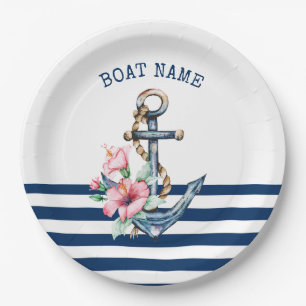 Name des Schiffes, Blumenanker, blaue Streifen der Pappteller