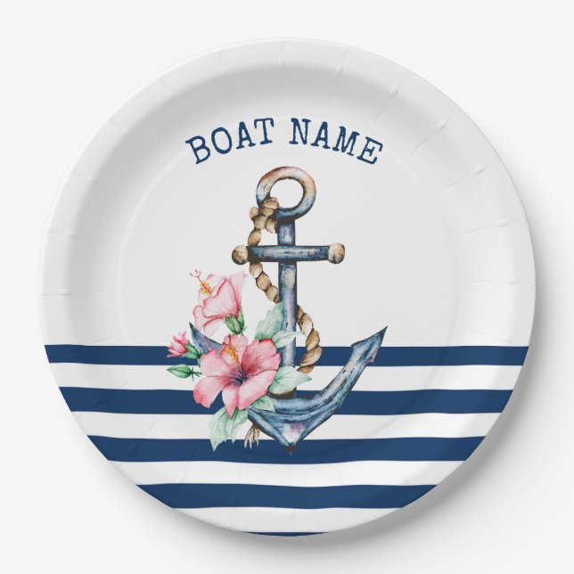 Name des Schiffes, Blumenanker, blaue Streifen der Pappteller (Vorderseite)