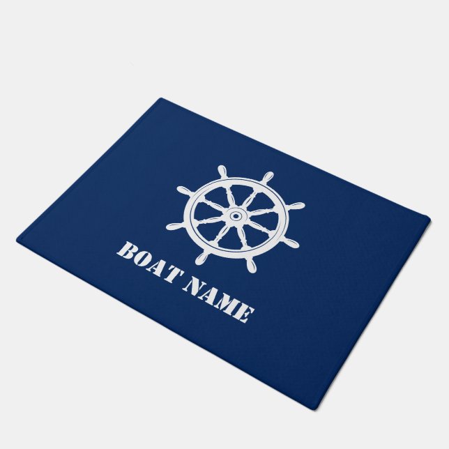 Name des Schiffes Nautical Ships Wheel Helm Navy B Fußmatte (Schrägansicht)