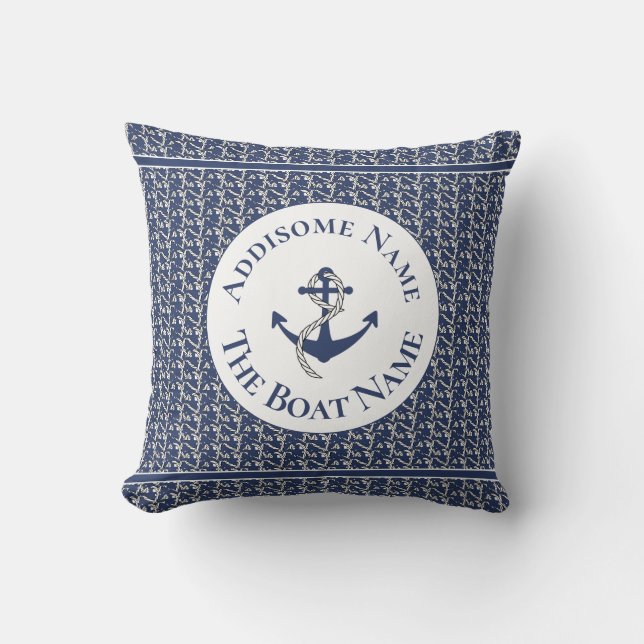 Name des Schiffes Navy Blue Anchor White Kissen (Vorderseite)
