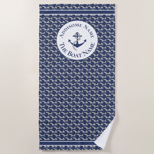 Name des Schiffes Navy Blue Anchor White Strandtuch (Vorderseite)