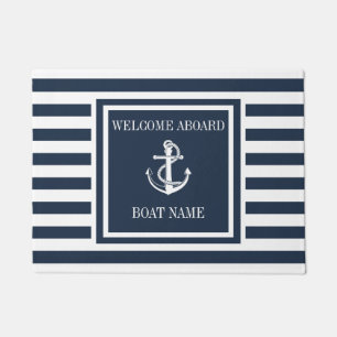 Name des Schiffes Navy Blue Striping Nautical Anch Fußmatte