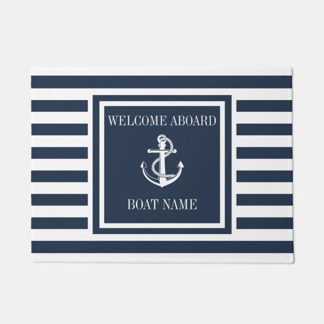 Name des Schiffes Navy Blue Striping Nautical Anch Fußmatte (Vorderseite)