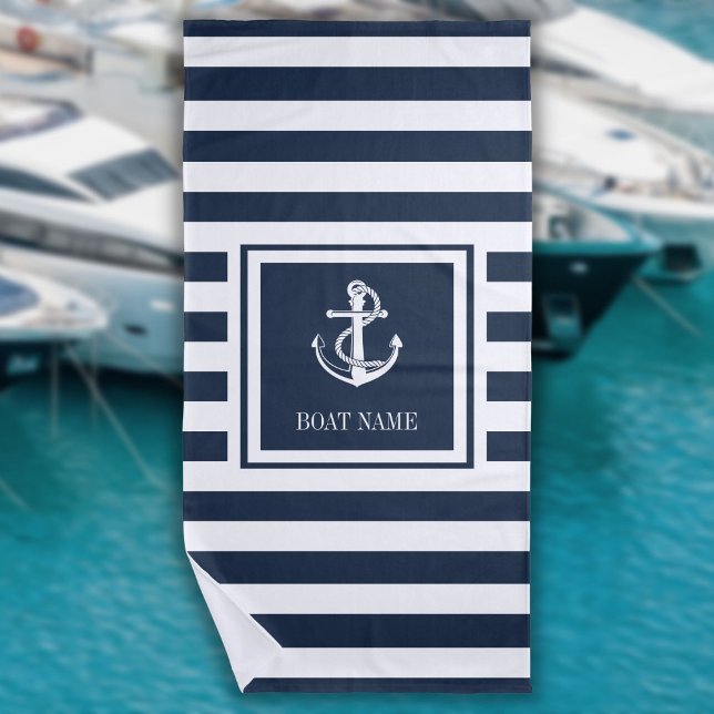 Name des Schiffes Navy Blue Striping Nautical Anch Strandtuch (Navy Blue Striped Nautical Anchor Boat Name Beach Towel)