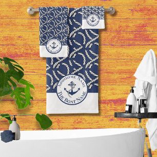 Name des Schiffes Navy Blue White Anchor n Rope Badhandtuch Set