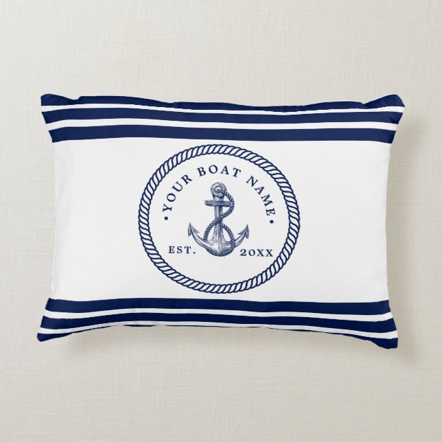 Name des Schiffes Navy Blue & White Dekokissen (Rückseite)