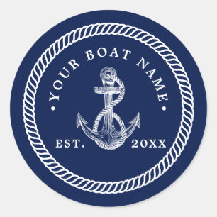 Name des Schiffes Navy Blue & White Runder Aufkleber
