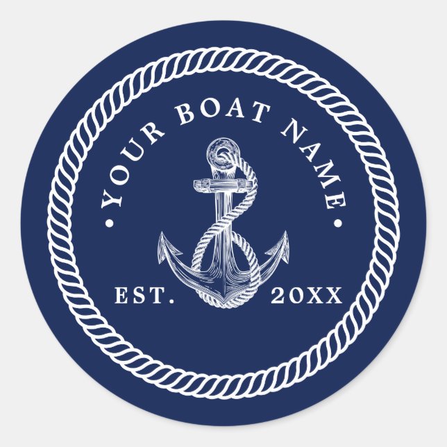 Name des Schiffes Navy Blue & White Runder Aufkleber (Vorderseite)
