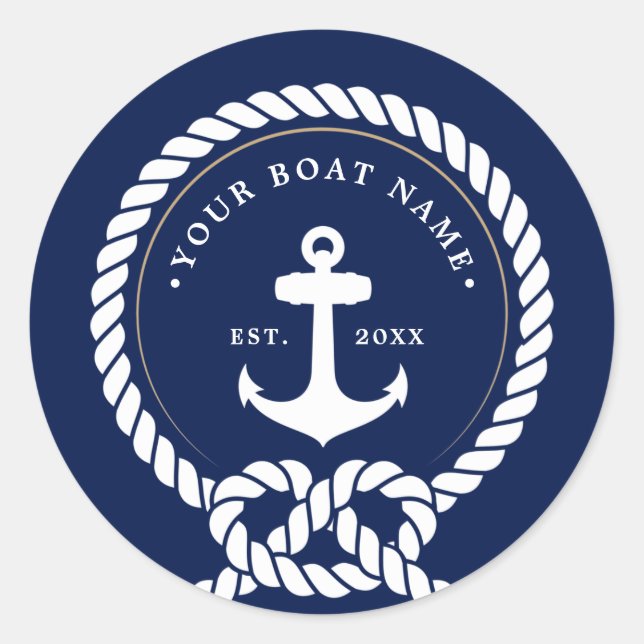 Name des Schiffes Navy Blue & White Runder Aufkleber (Vorderseite)