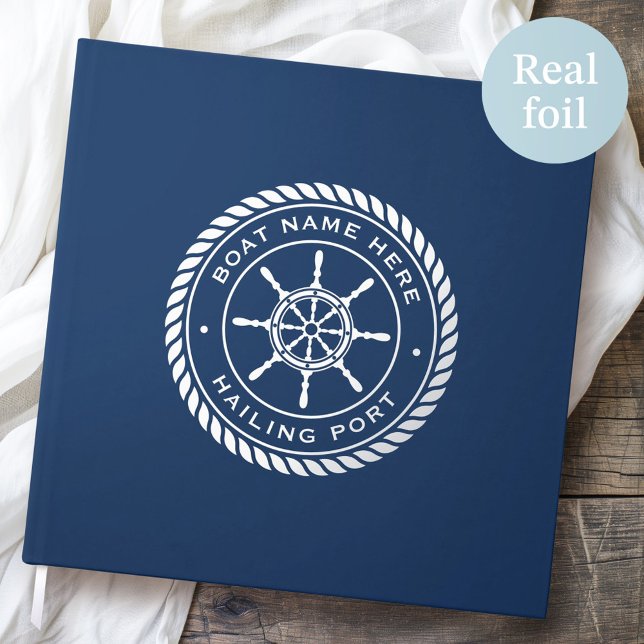 Name des Schiffes und Name des Schiffes, das das R Gästebuch (Boat name and hailing port nautical ship's wheel guest book)