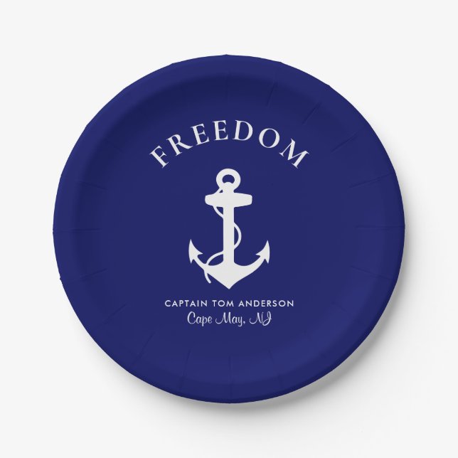 Name des Schiffskapitäns Nautic Anchor Navy Pappteller (Vorderseite)