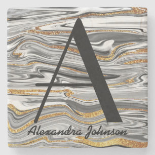 Name des Schwarz-weißen und Glitzer-Gold-Monogramm Steinuntersetzer