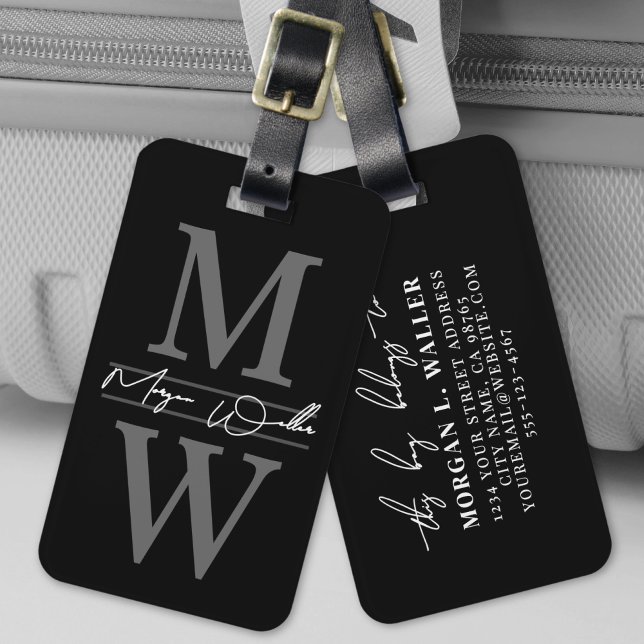 Name des Schwarzen Eleganten Monogramms Gepäckanhänger (Black Elegant Monogram Name Luggage Tag )