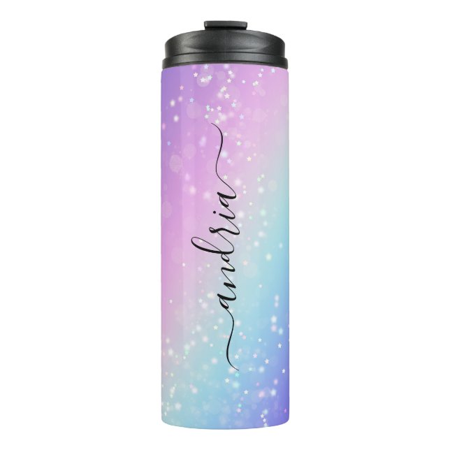 Name des schwarzen Skripts auf den Bokeh-Sternen,  Thermosbecher (Vorderseite)