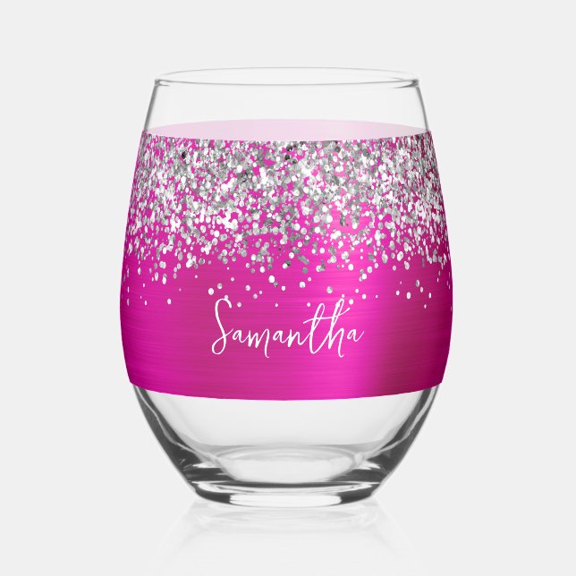 Name des silbernen Glitzer Hot Pink Glam Weinglas Ohne Stiel (Vorderseite)