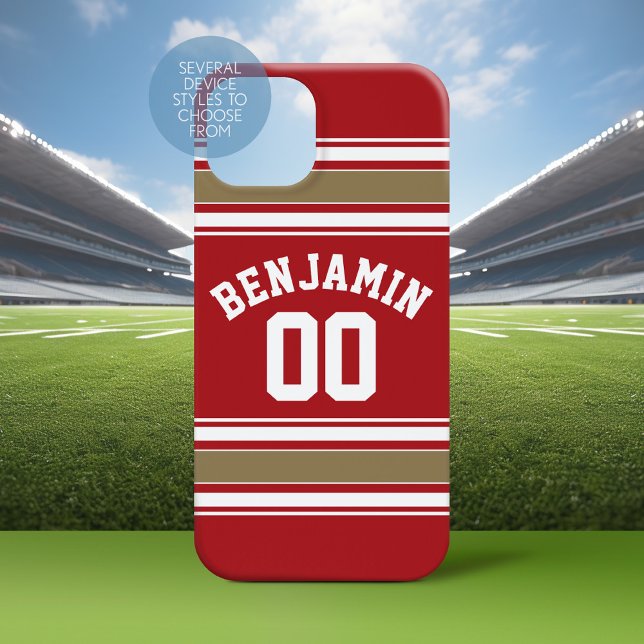 Name des Sports Jersey Red and Gold Strips iPhone 15 Hülle (Personalized Phone Case with a Football Jersey Stripe Design)