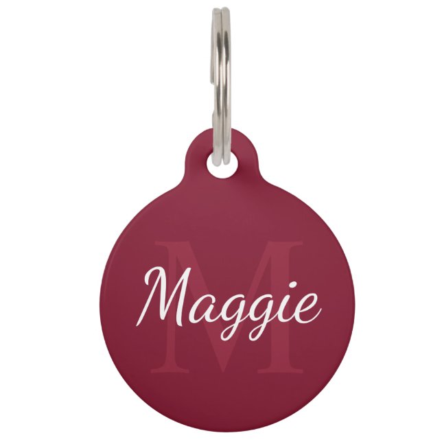 Name des Tieres und Monogramm Burgundy Red Haustiermarke (Vorderseite)