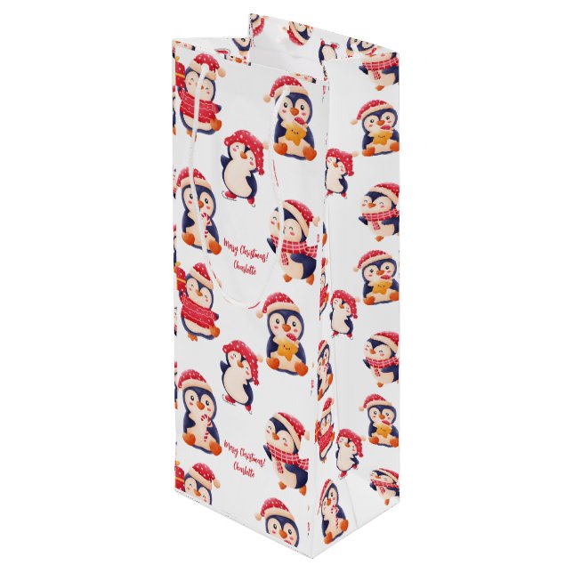 Name des Weihnachtspenguins Geschenktüte Für Weinflaschen (Rückseite Schrägansicht)