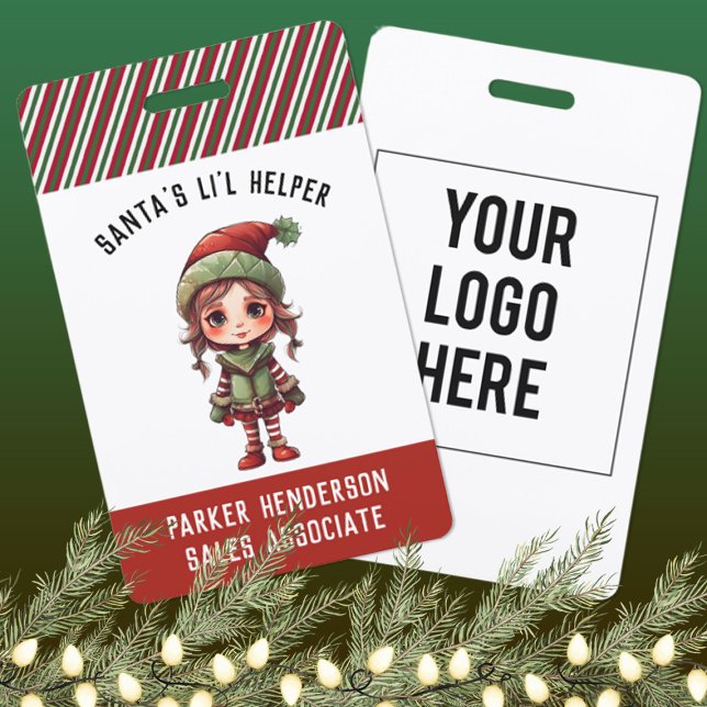 Name des Weihnachtswerkstätten-Party Ausweis (Cute girl elf company name badge for customer Christmas party.)