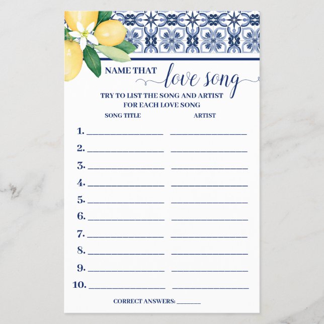 Name dieser Liebe Song Mediterrane Duschspielkarte Flyer (Vorne)