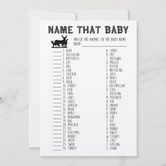 Name dieses Babyduschspiels, Babytiere, die passen Einladung (Vorderseite)