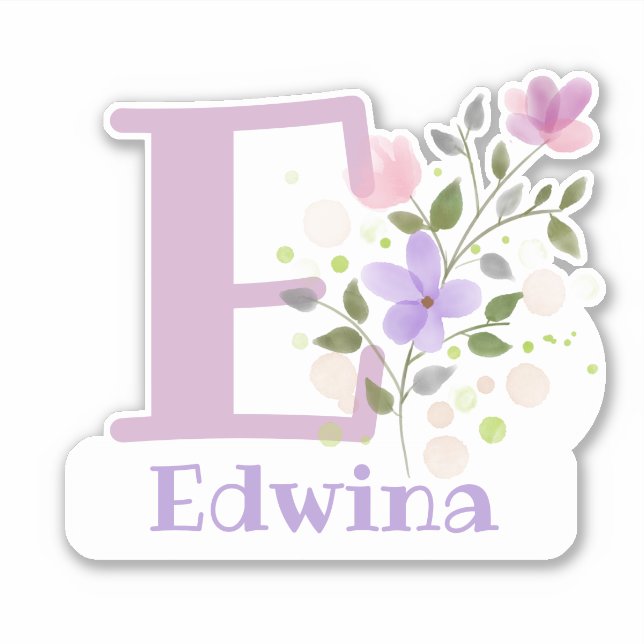 Name Edwina plus Initial mit Blumendesign Aufkleber (Vorderseite)