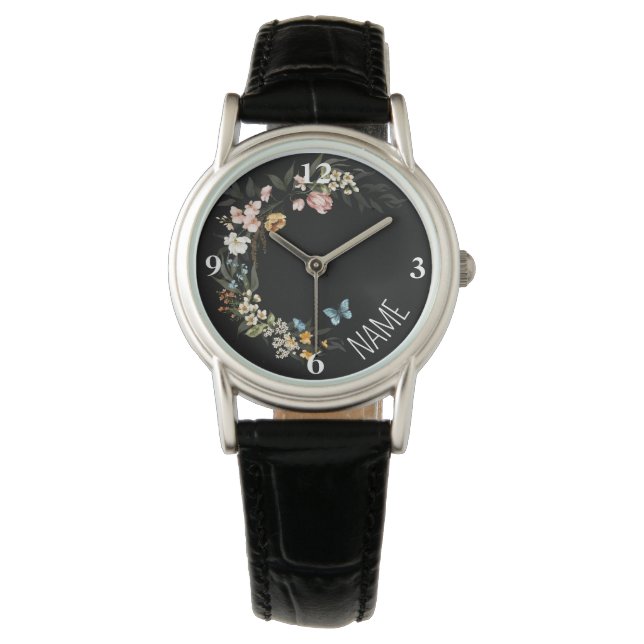 Name, elegante niederländische Florals Black Leath Armbanduhr (Vorderseite)