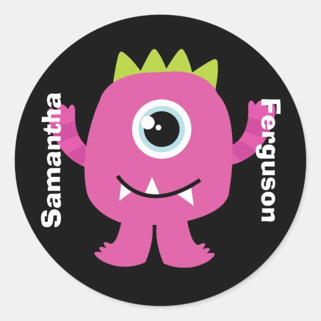 Name Etikett/Aufkleber - rosa Monster-Design Runder Aufkleber (Vorderseite)
