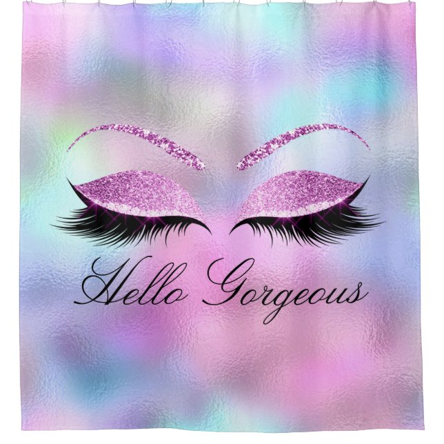 Name Eyelashes Girly Makeup Pink Holographic Glam Duschvorhang (Vorderseite)