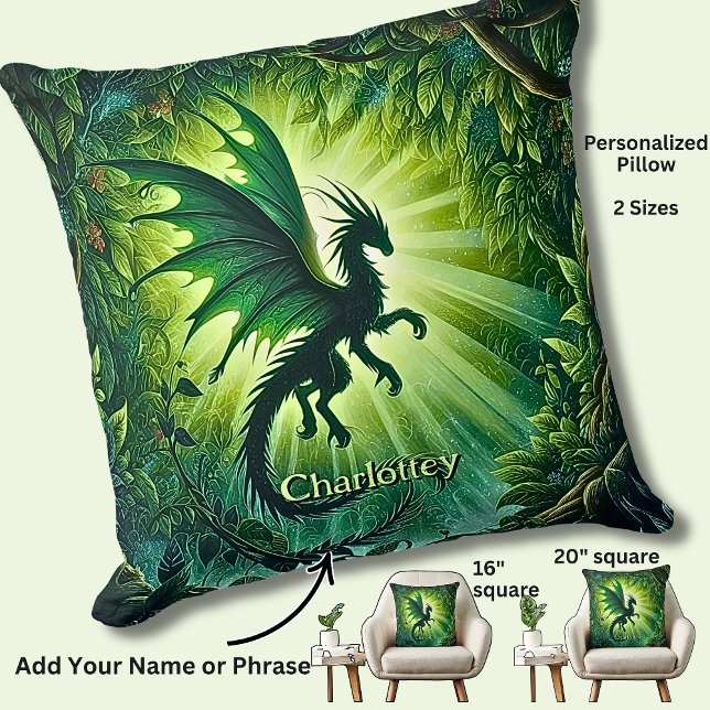 Name, Fantasy Dragon Flying in Green Light Rays Kissen (Von Creator hochgeladen)