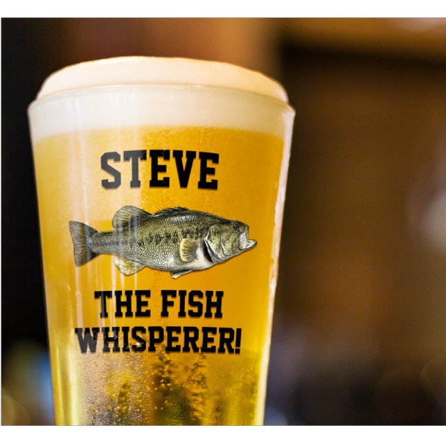 Name Fish Whispere Largemouth Bass Sports Glas (Fishing gifts for bass fisherman, the fish whisperer beer glass.)