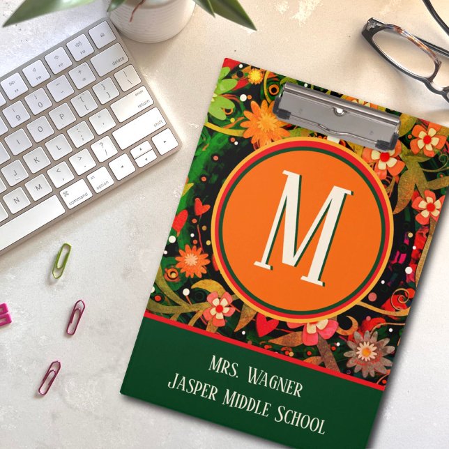 Name Floral School Info des Lehrers Monogram Klemmbrett (Von Creator hochgeladen)