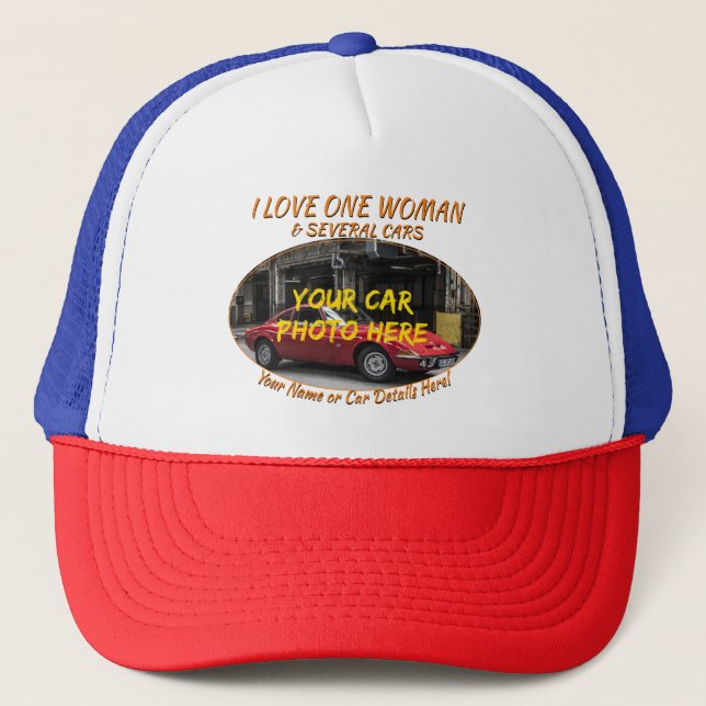 Name, Foto des Autos, Text, Liebe Frau und Autos h Truckerkappe (Vorderseite)