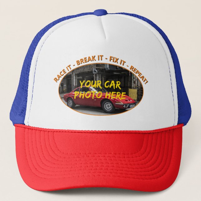 Name, Foto des Autos, Text, RACE IT - BREAGE IT Truckerkappe (Vorderseite)