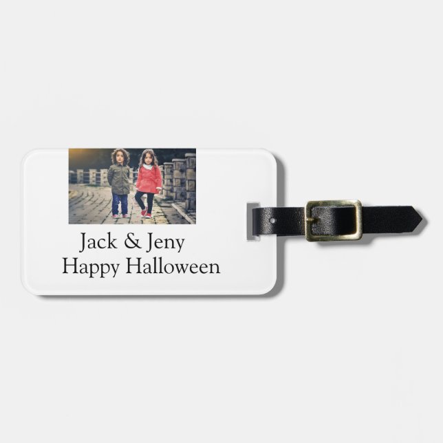 Name Foto Text Halloween Junge Gepäckanhänger (Vorderseite horizontal)