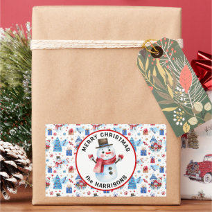 Name, Frohe Weihnachten, Retro Snowman Muster Rechteckiger Aufkleber