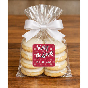 Name, Frohe Weihnachten Rot Weiße Tupfen Quadratischer Aufkleber
