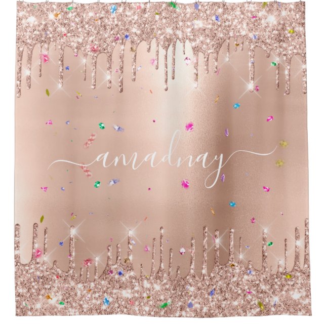 Name Funkelnd Glitzer Tropfen Pink Rose Confetti Duschvorhang (Vorderseite)