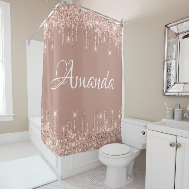 Name Funkelnd Glitzer Tropfen Rosa Rose Girl Blush Duschvorhang (Beispiel)