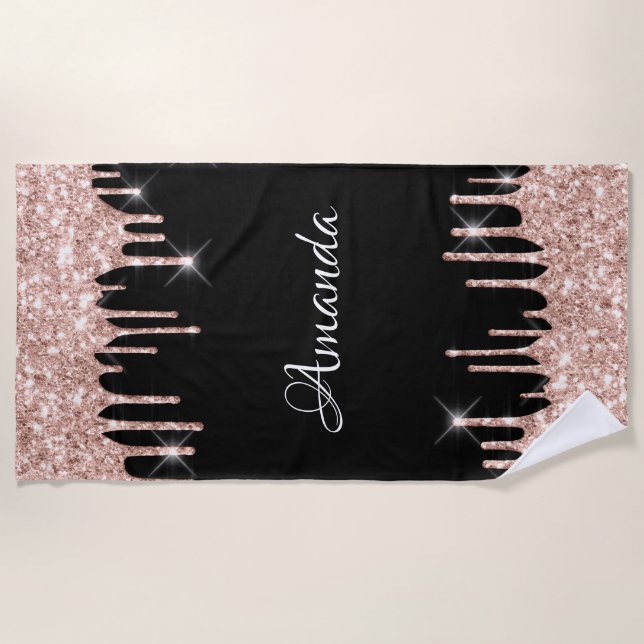 Name Funkelnd Glitzer Tropfen Rosa Rose Gold Black Strandtuch (Vorderseite)