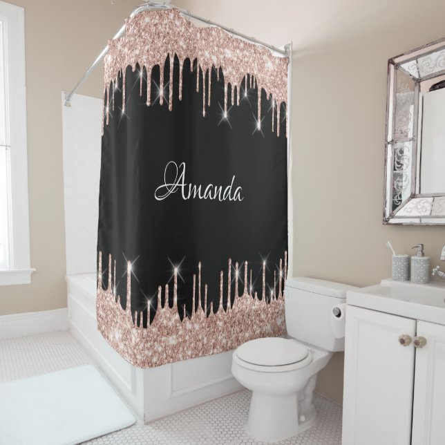 Name Funkelnd Glitzer Tropfen Rosa Rose Gold Blush Duschvorhang (Beispiel)