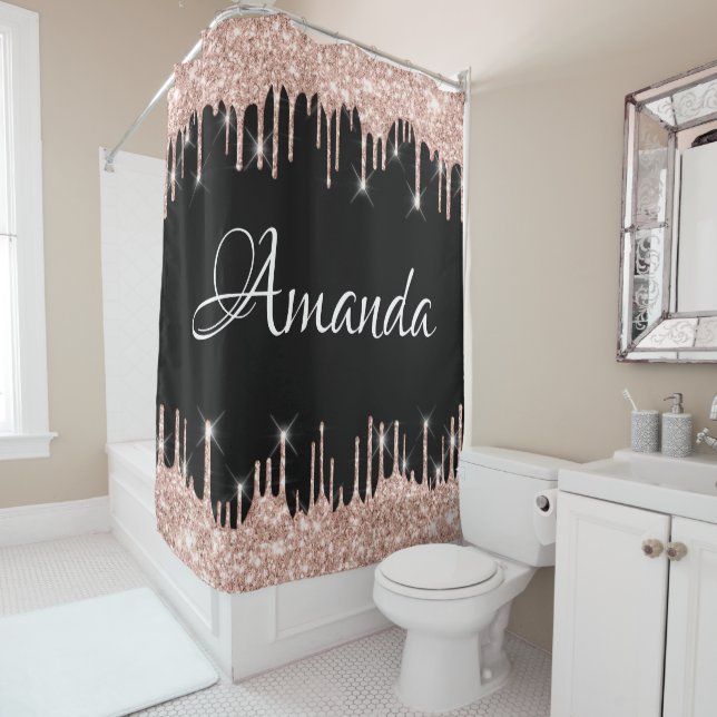 Name Funkelnd Glitzer Tropfen Rosa Rose Gold Blush Duschvorhang (Beispiel)