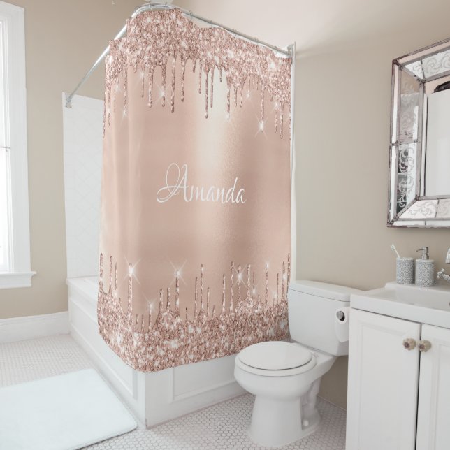 Name Funkelnd Glitzer Tropfen Rosa Rose Gold Weiß Duschvorhang (Beispiel)