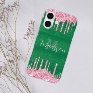 Name für das Monogramm des Girl-Glitzer Rosa-grüne iPhone 16 Hülle