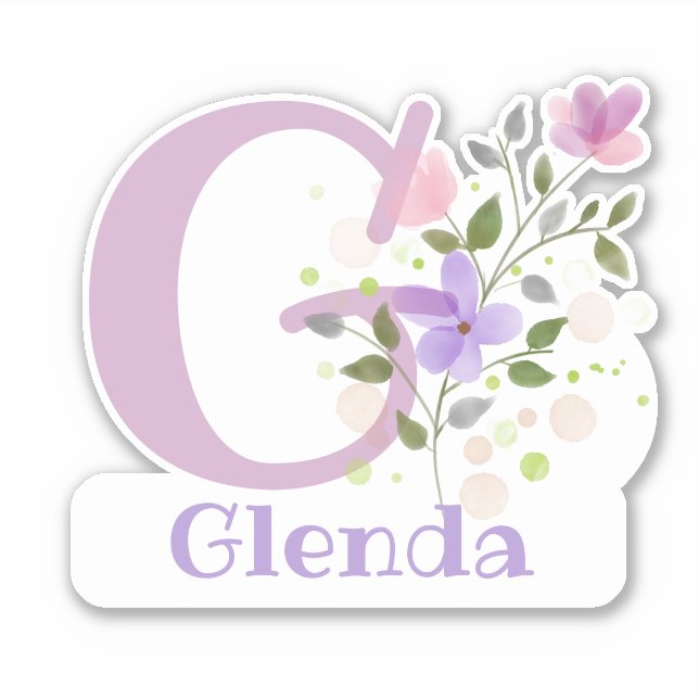 Name Glenda plus Initial mit Blumendesign Aufkleber (Vorderseite)