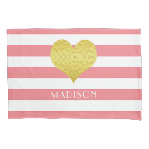 Name Gold Heft Pink White Stripes Muster Kissenbezug