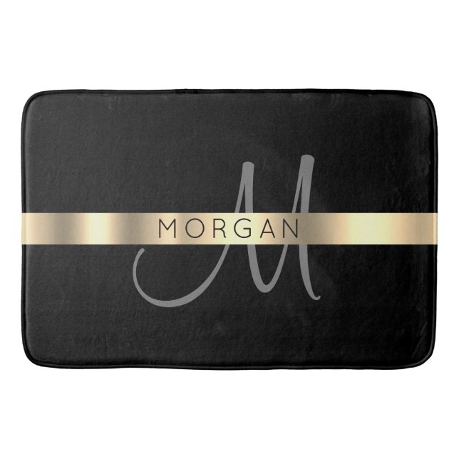 Name & große Monogramm, graues schwarzes Gold Badematte (Vorderseite)