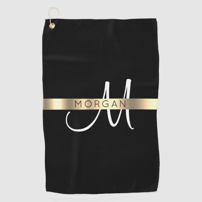 Name & große Monogramm, weißes schwarzes Gold Golfhandtuch (Vorderseite)