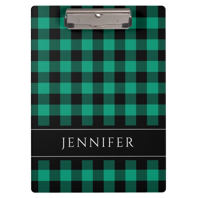 Name Grün & Schwarz Karo Gingham Muster Klemmbrett (Vorderseite)